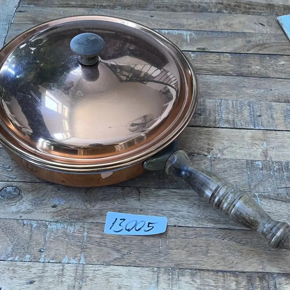 Vintage Copper Saute Pan Skillet with Lid Wood Handle